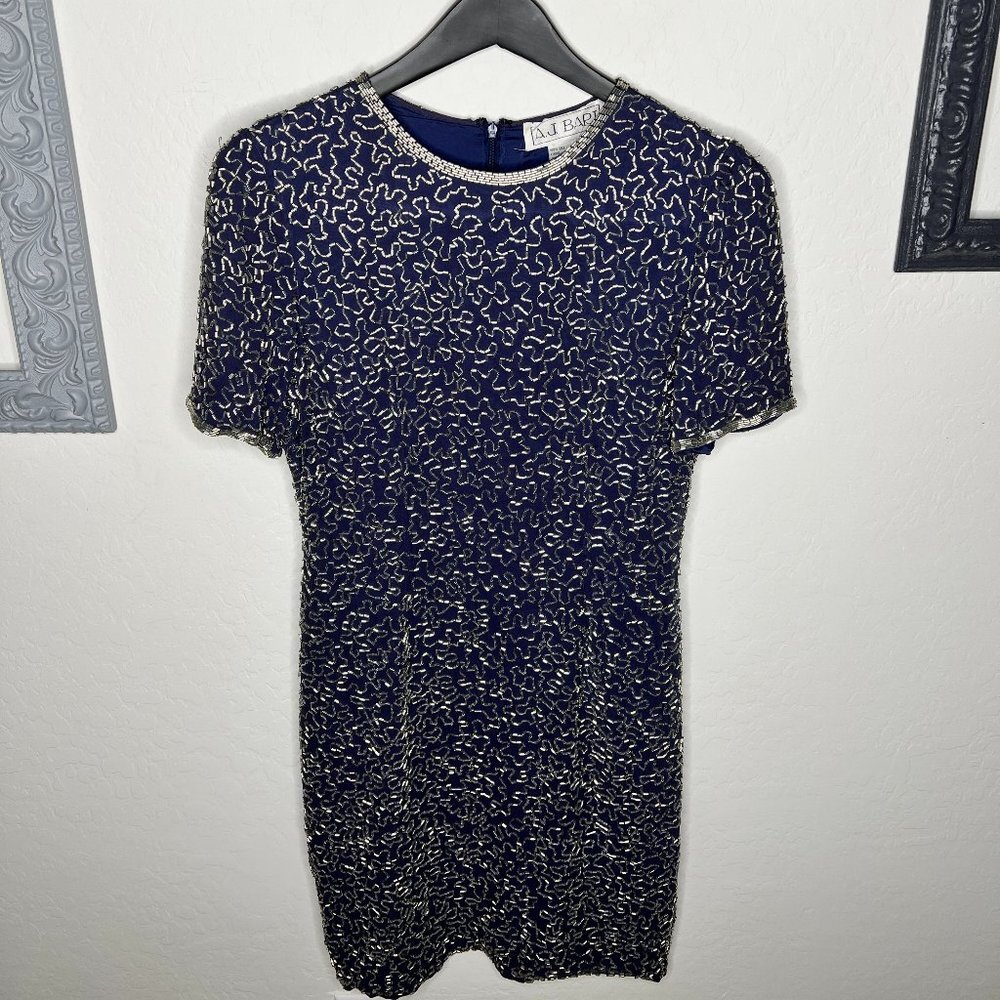A.J. BARI Vintage Silk Sheath Navy Blue Dress | Bugle Beaded | Size 8